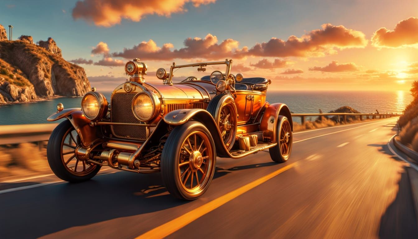Steampunk Convertible Cruises Coastal Highway at Sunset