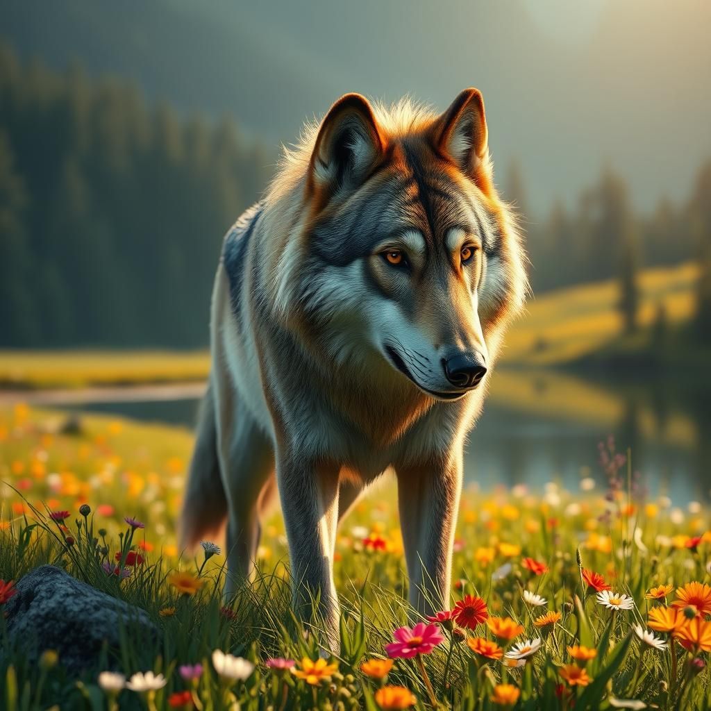 Majestic Wolf in Flowered Field: Hyperrealistic Digital Pain...