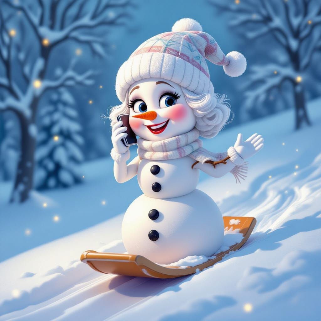 Elegant Snow Woman Talking on Phone While Sliding