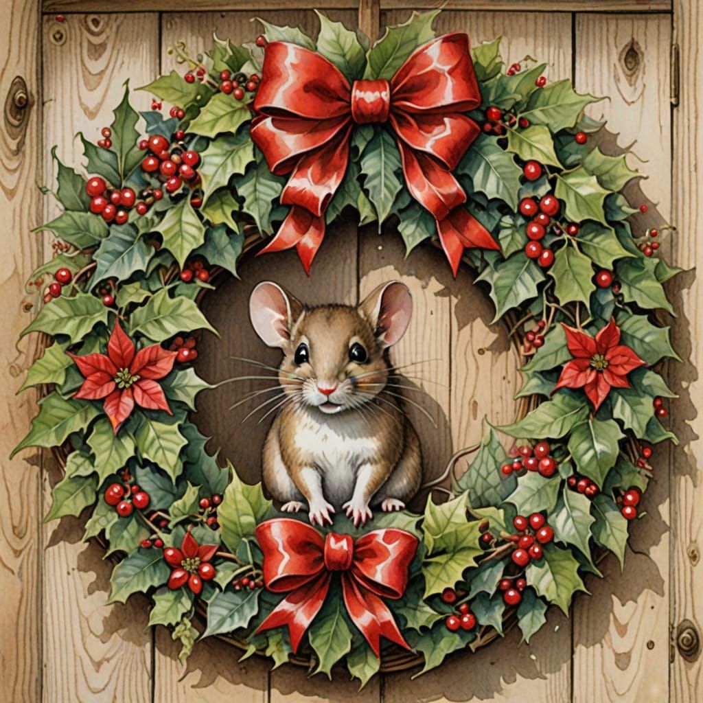 A Vintage-Inspired Christmas Wreath with a Playful Mouse