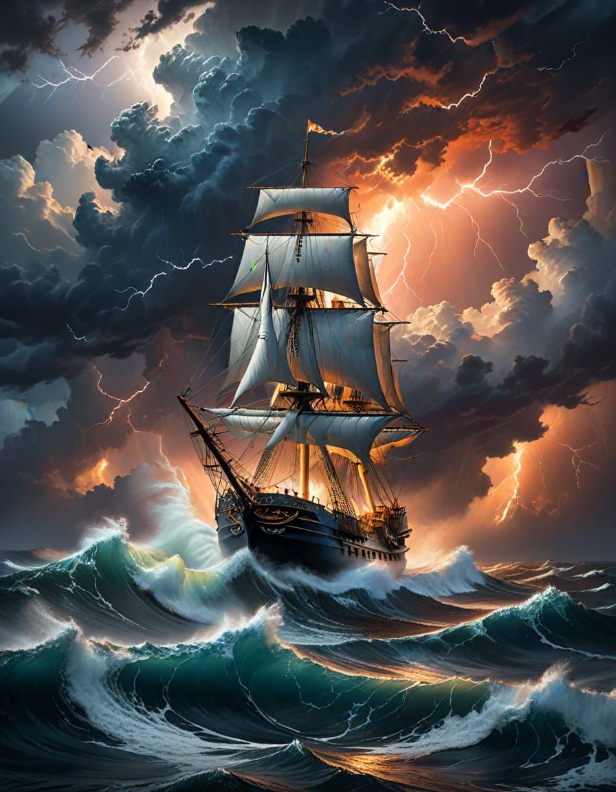 Sail Frigate Ship in Stormy Seas Near Lighthouse