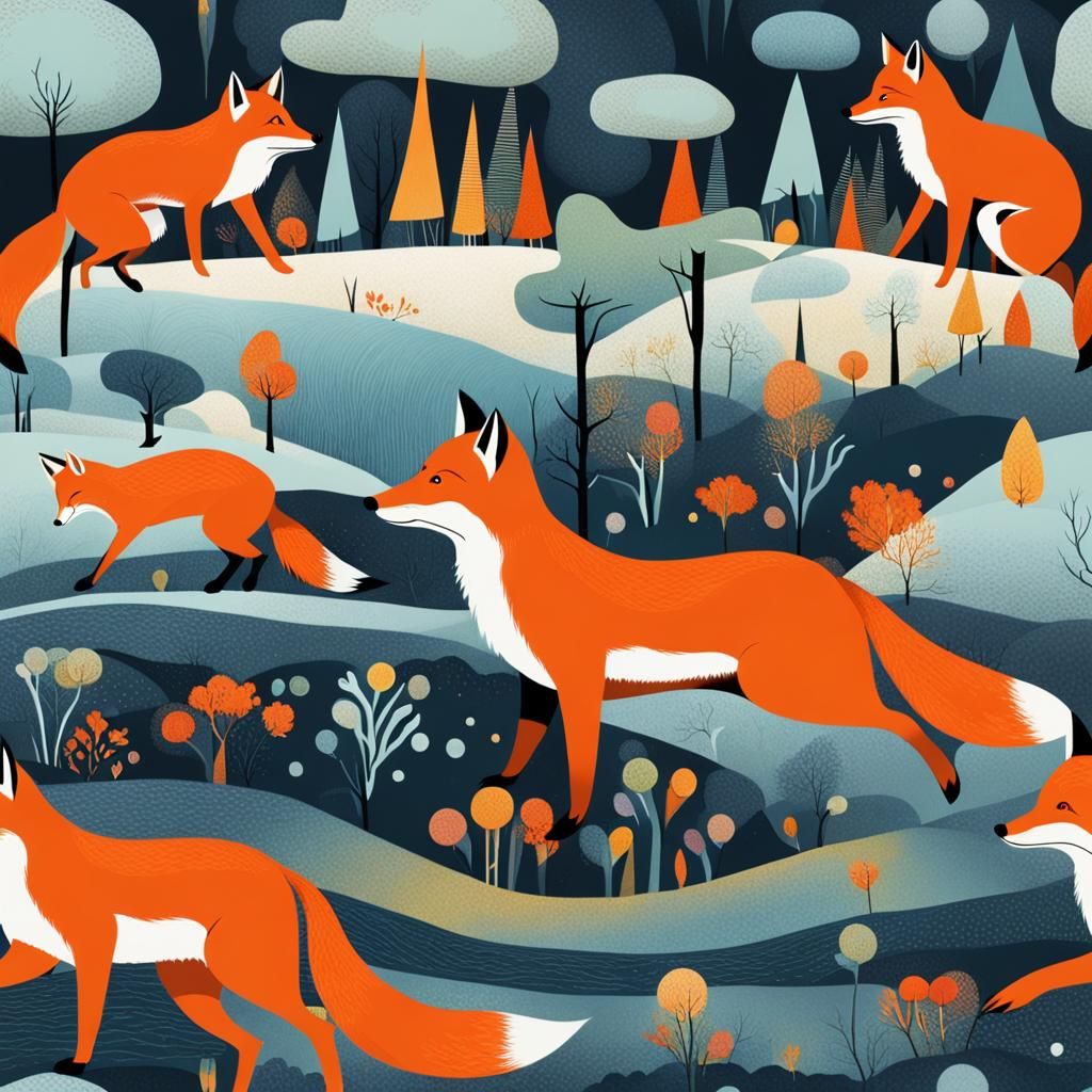 Foxes Frolic in a Dreamlike Landscape