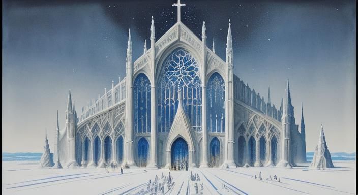 Ice Cathedral Gleaming in Sunlight: Watercolor and Ink
