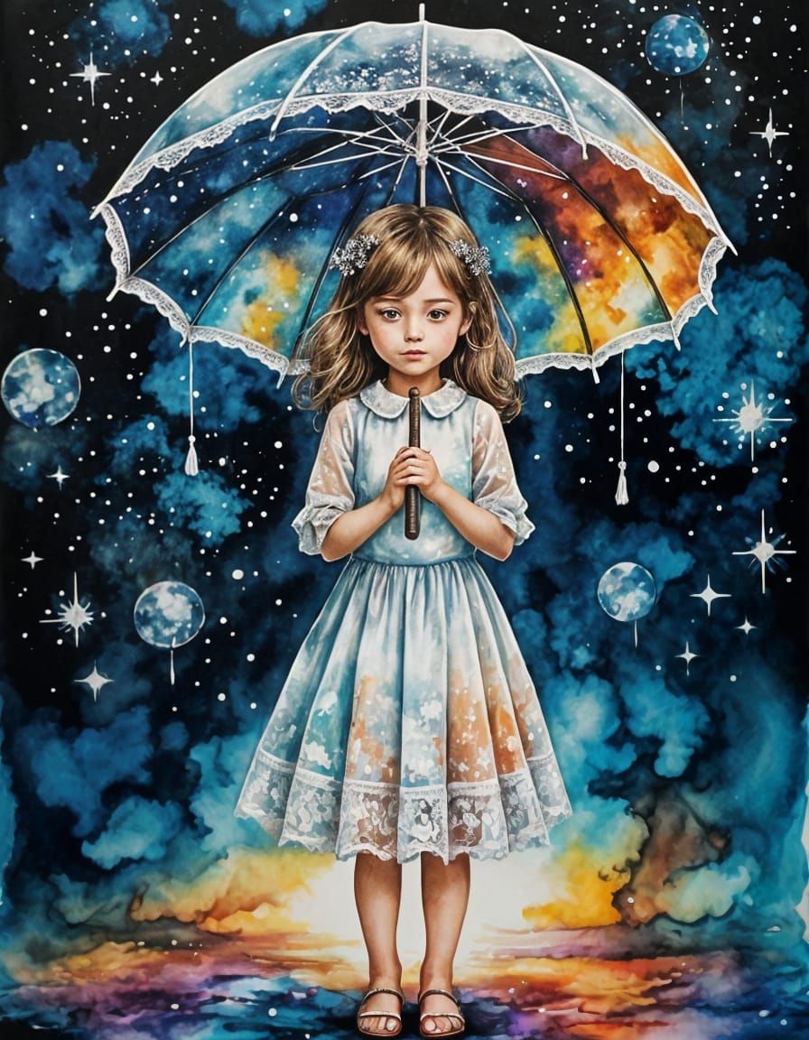 Whimsical Galactic Princess with Cosmic Umbrella