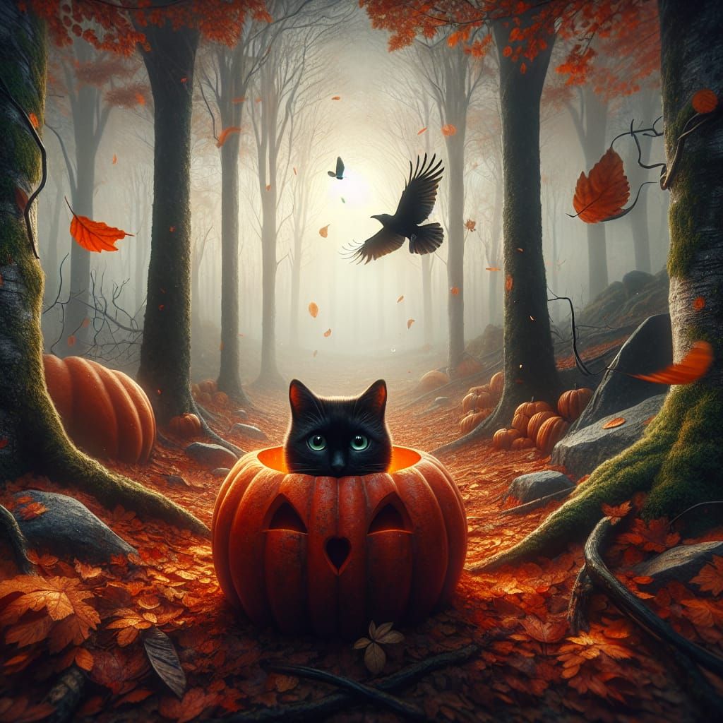 Black Cat Peeking from Pumpkin in Autumn Forest