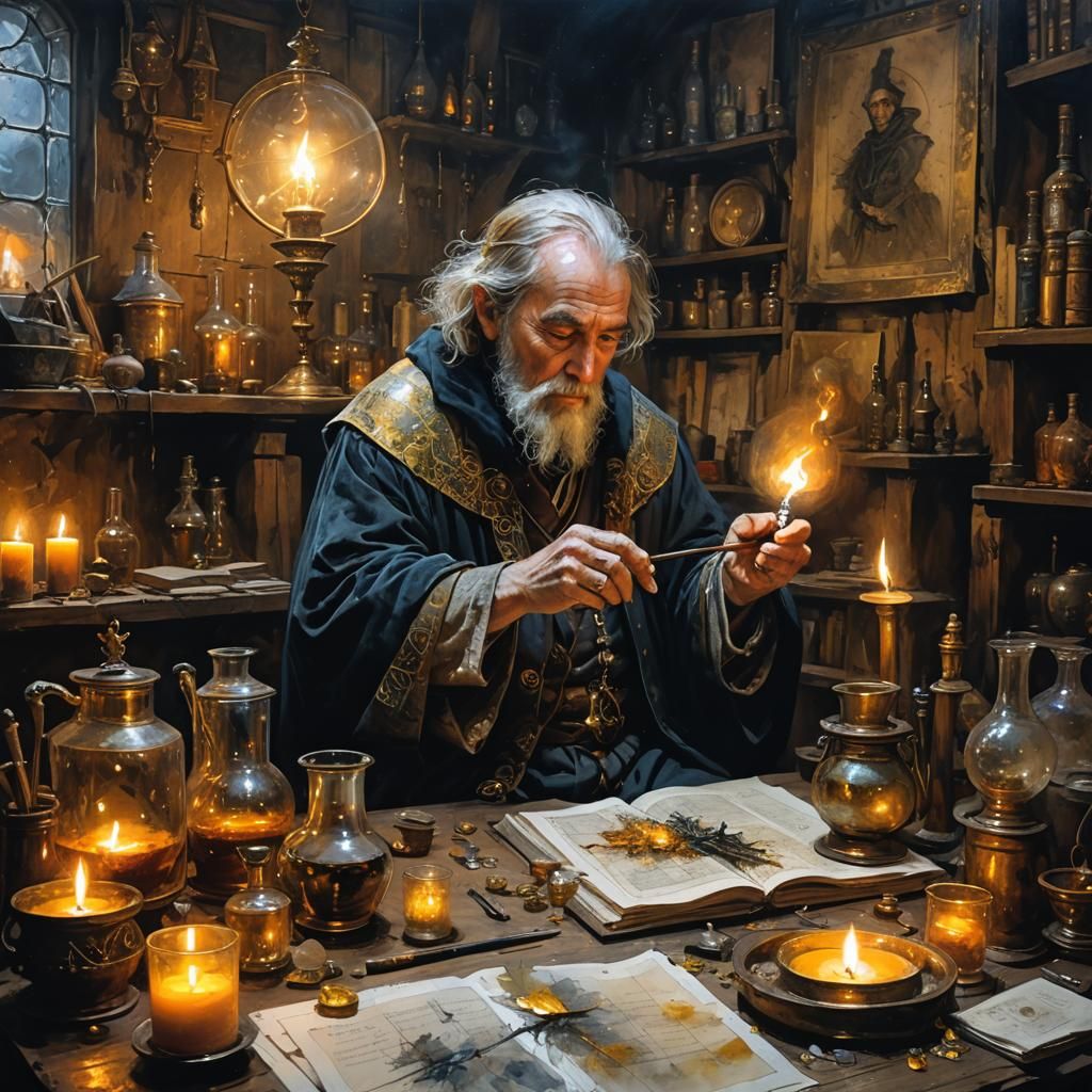 Alchemist in Medieval Lair Lit by Candlelight