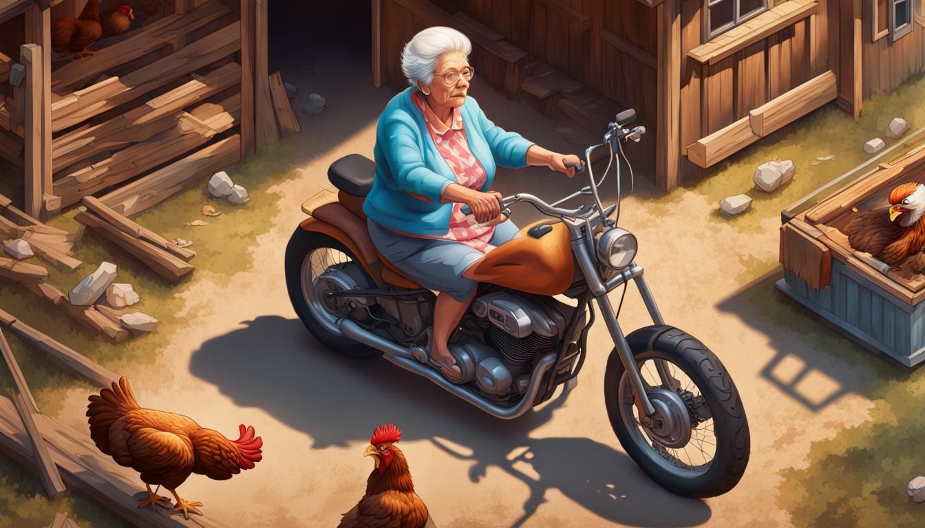 Grandma Rides Motorcycle in Chicken Coop: Hyperrealistic Art
