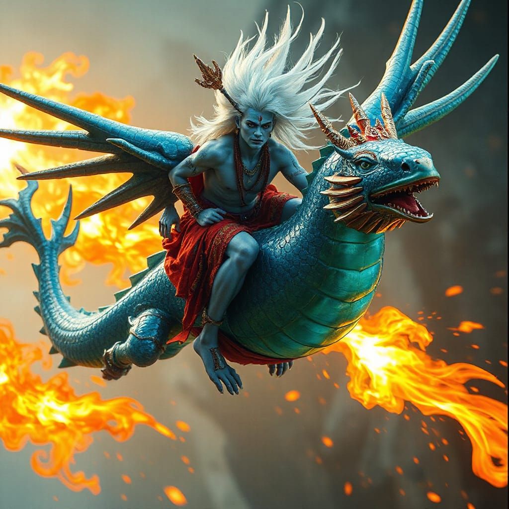 Hindu God on Mechanical Dragon in Futuristic Style