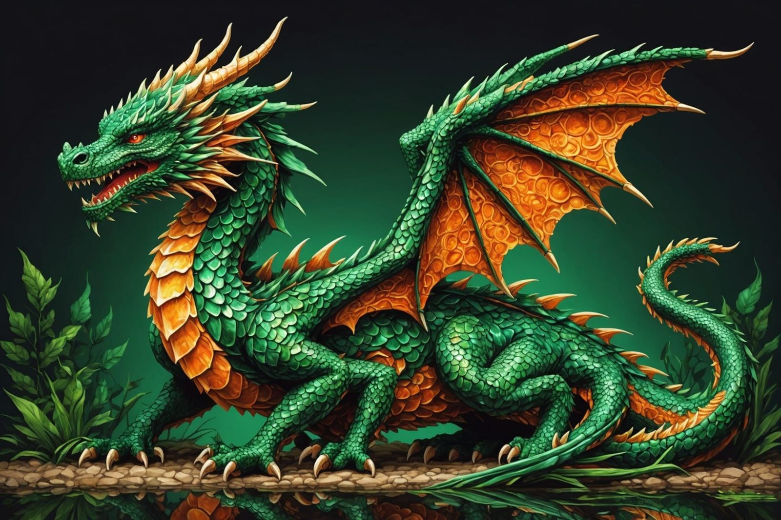 Emerald and Orange Dragon: Pixel Art Masterpiece