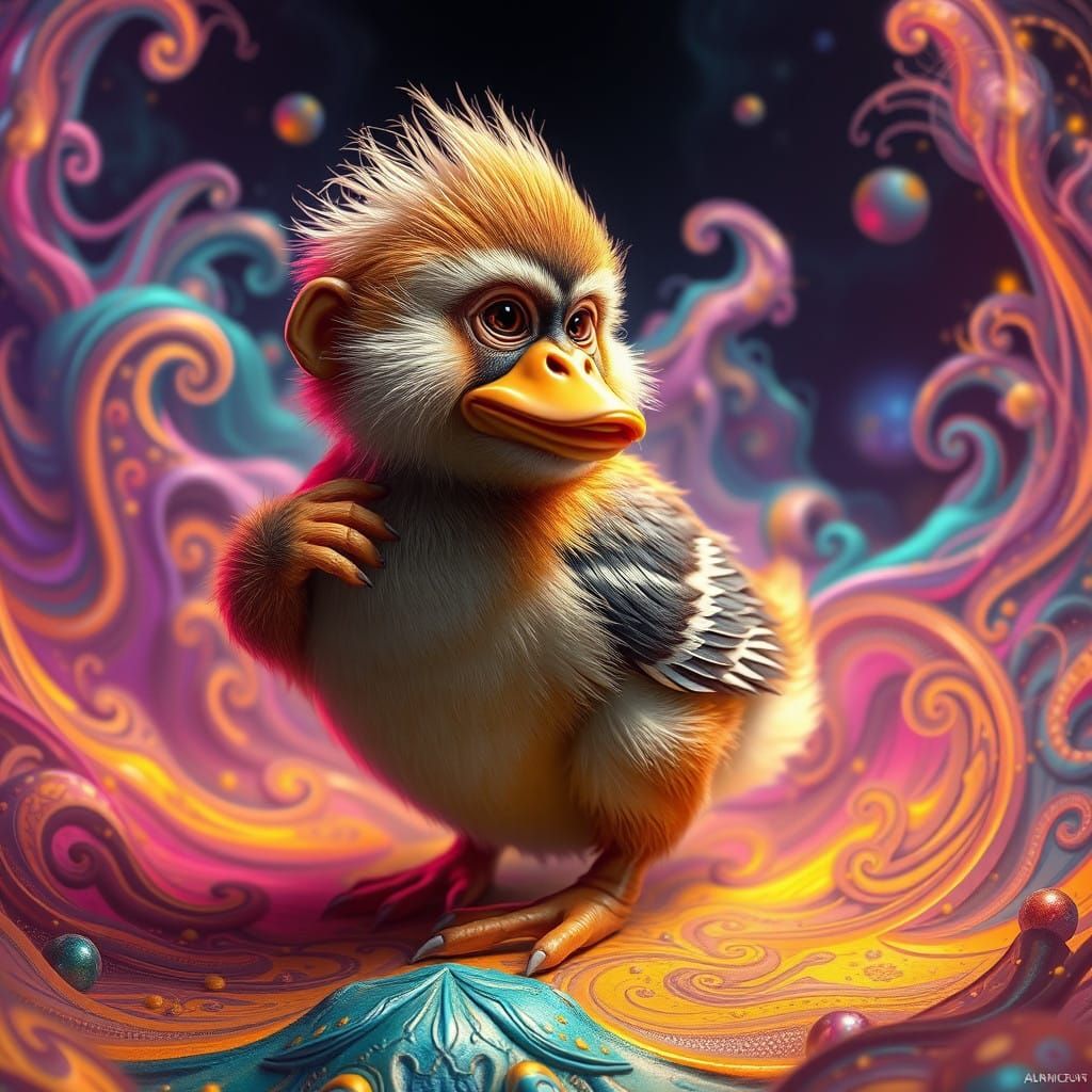 Monkey Duck in Dreamlike Cyberpunk Environment