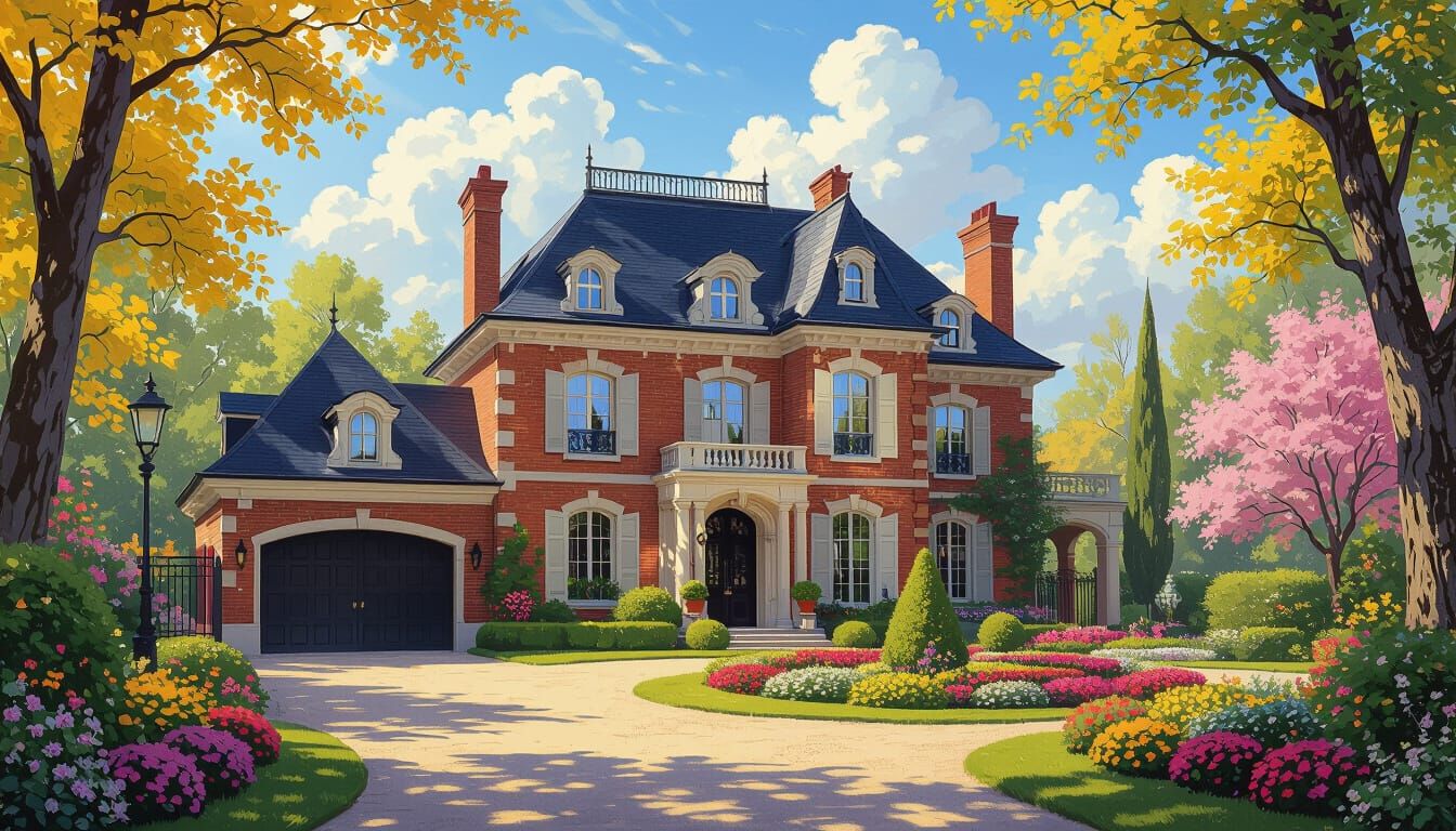 Grand Chateau with Vibrant Garden in Painterly Realism