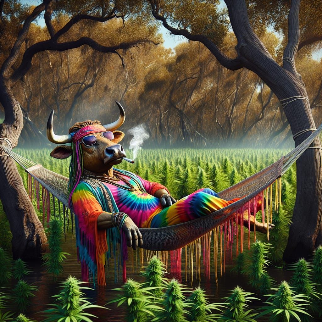 Hippie Bull in Marshland with Cannabis Canopy