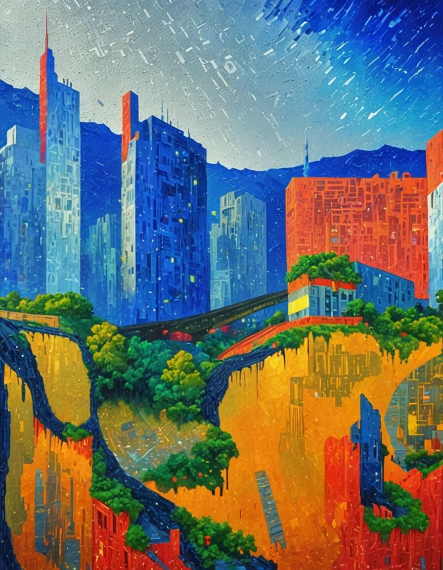 Dystopian Cityscape of Circuitry and Data Streams