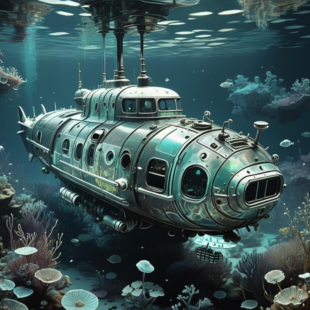 Steampunk Submarine Underwater in Impressionistic Style