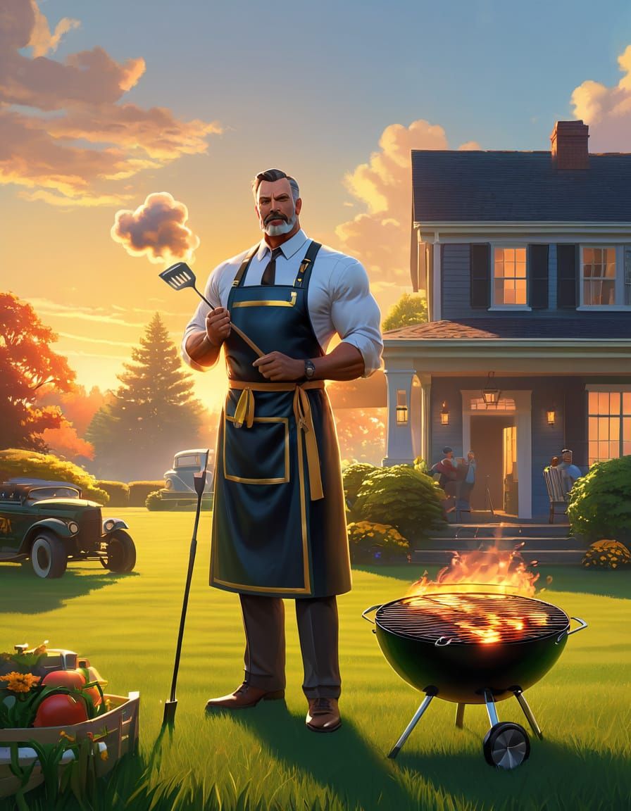 Heroic Dad Grilling at Golden Hour