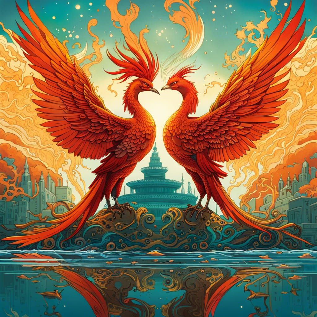 Mirrored Phoenix Reflection in Hyperrealistic Digital Art