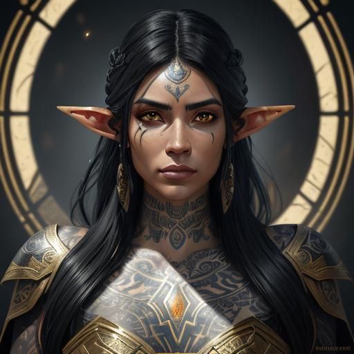 Elven Latina Woman Portrait with Tattoos, Golden Eyes
