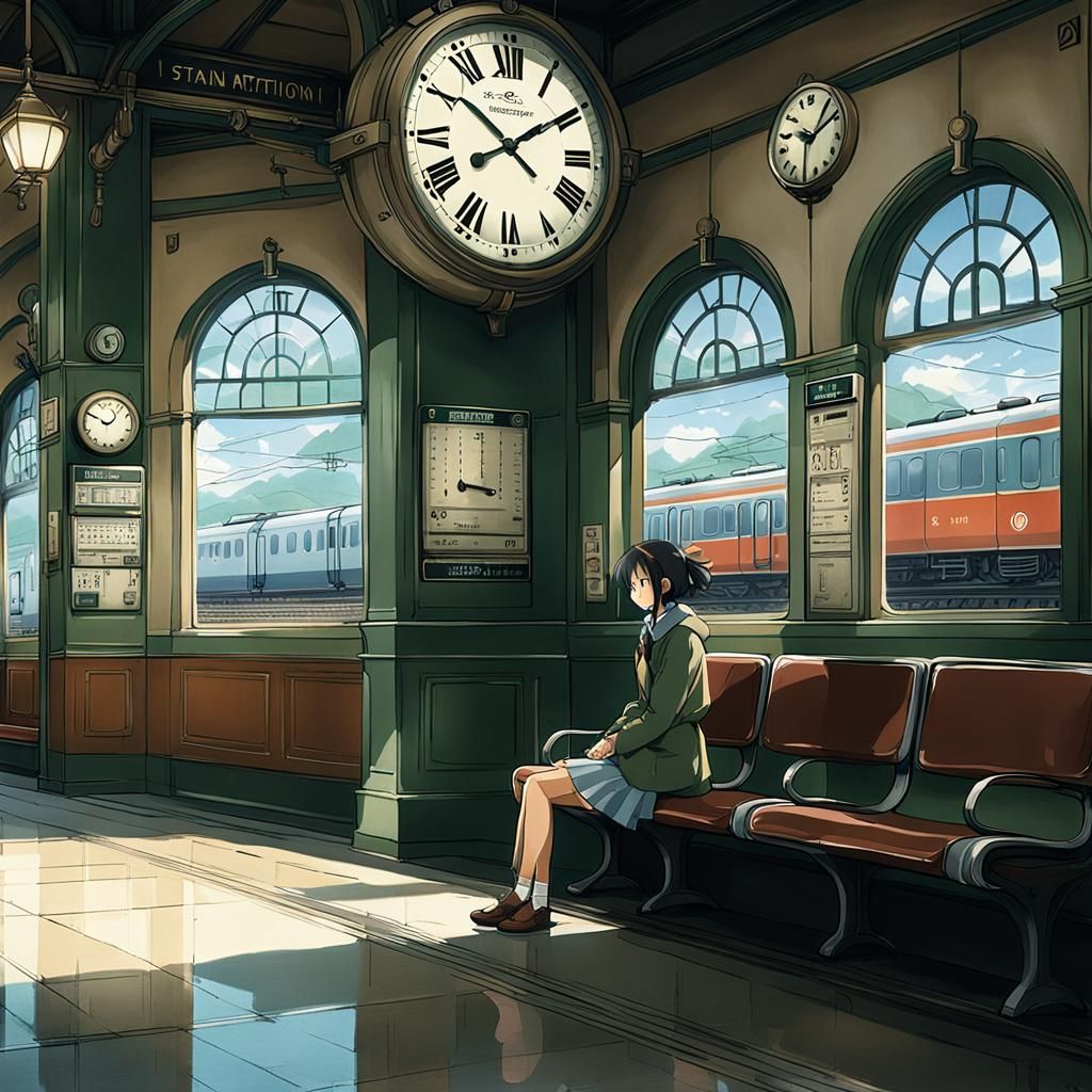 Girl Awaits Train in Studio Ghibli Style