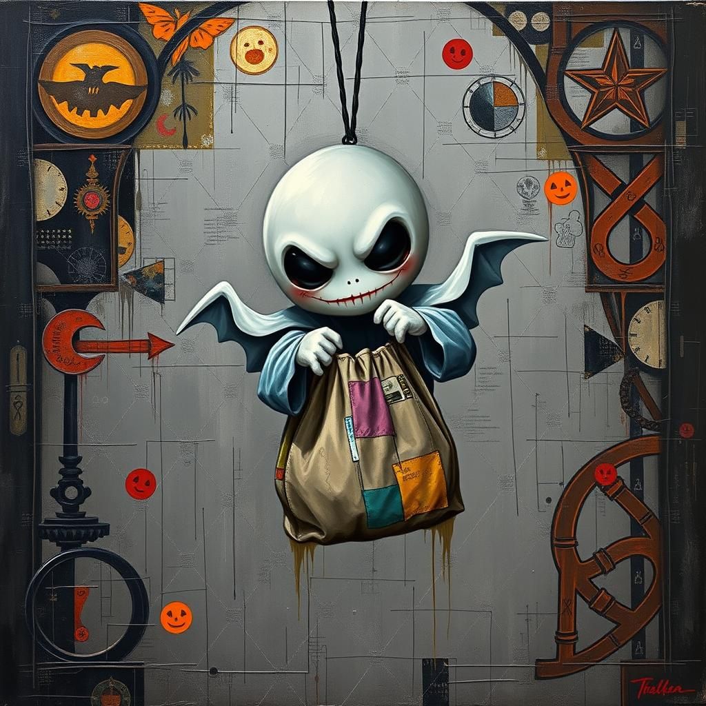 Cute Chibi Phantom with Halloween Bag in Surreal Style
