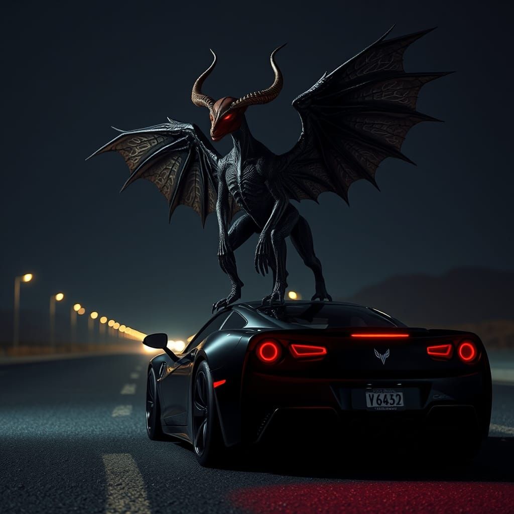 winged horned creature standing on top of a car at night on a highway