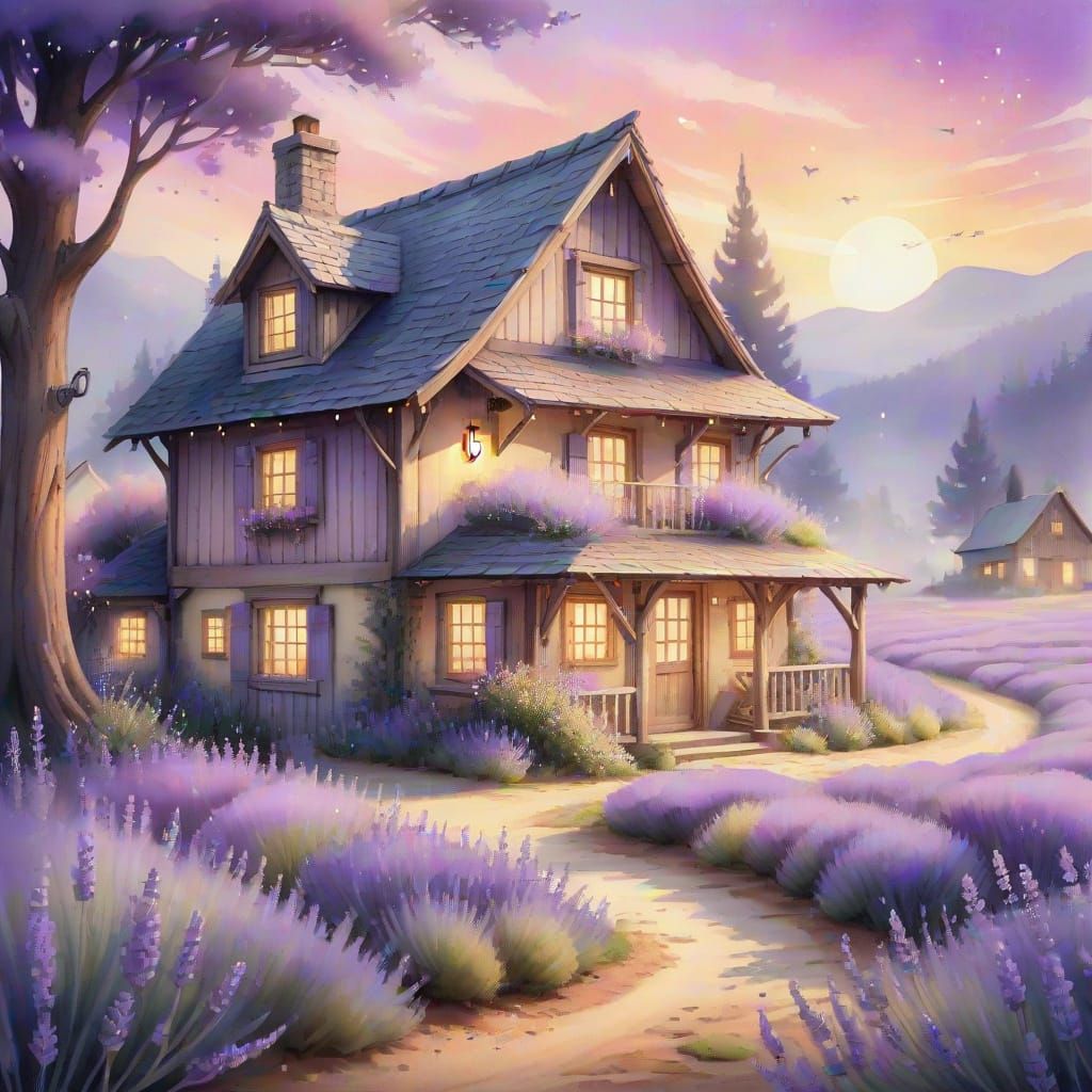 Whimsical Cottage Amid Lavender Blooms in Dreamy Watercolor ...