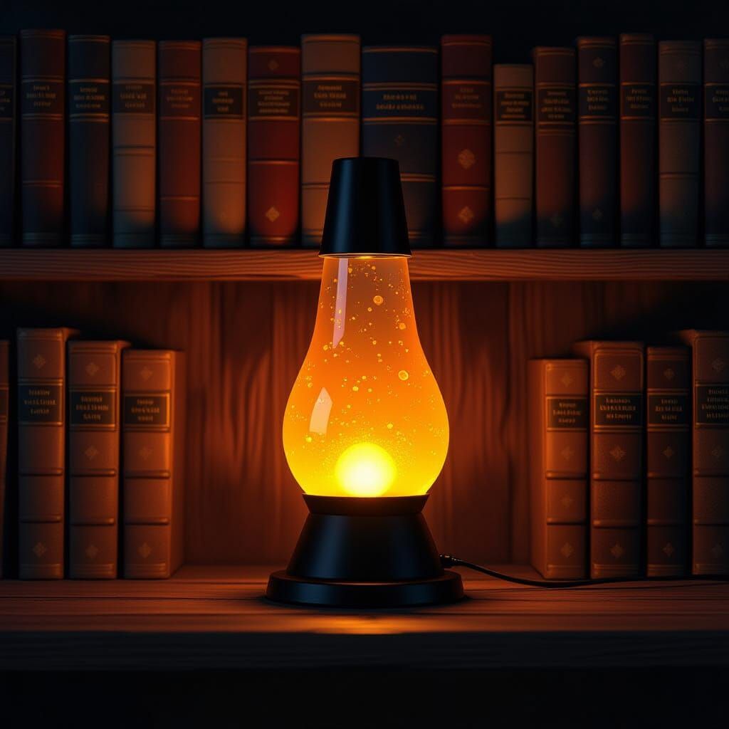 Lava Lamp Glows on Bookshelf in Cinematic Style