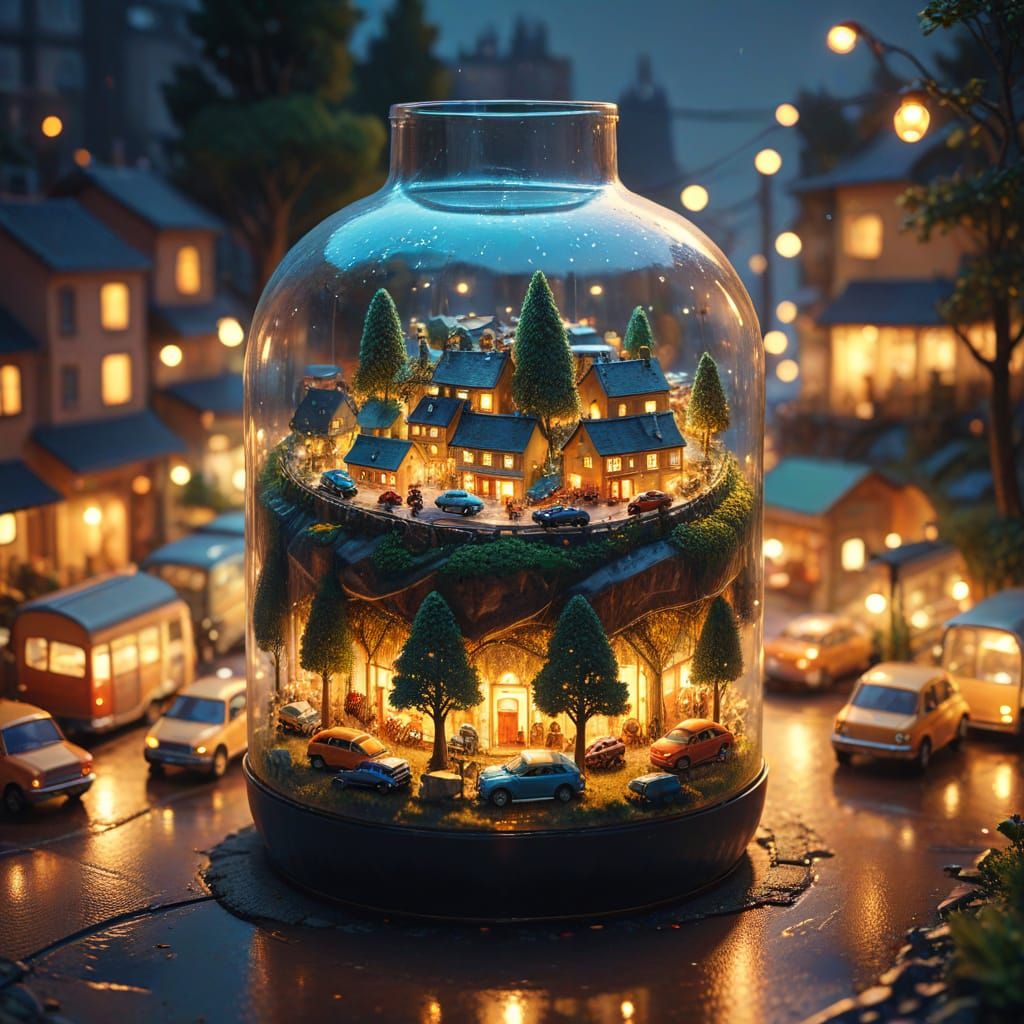 Miniature City in Glass Bottle: Dreamlike Digital Art