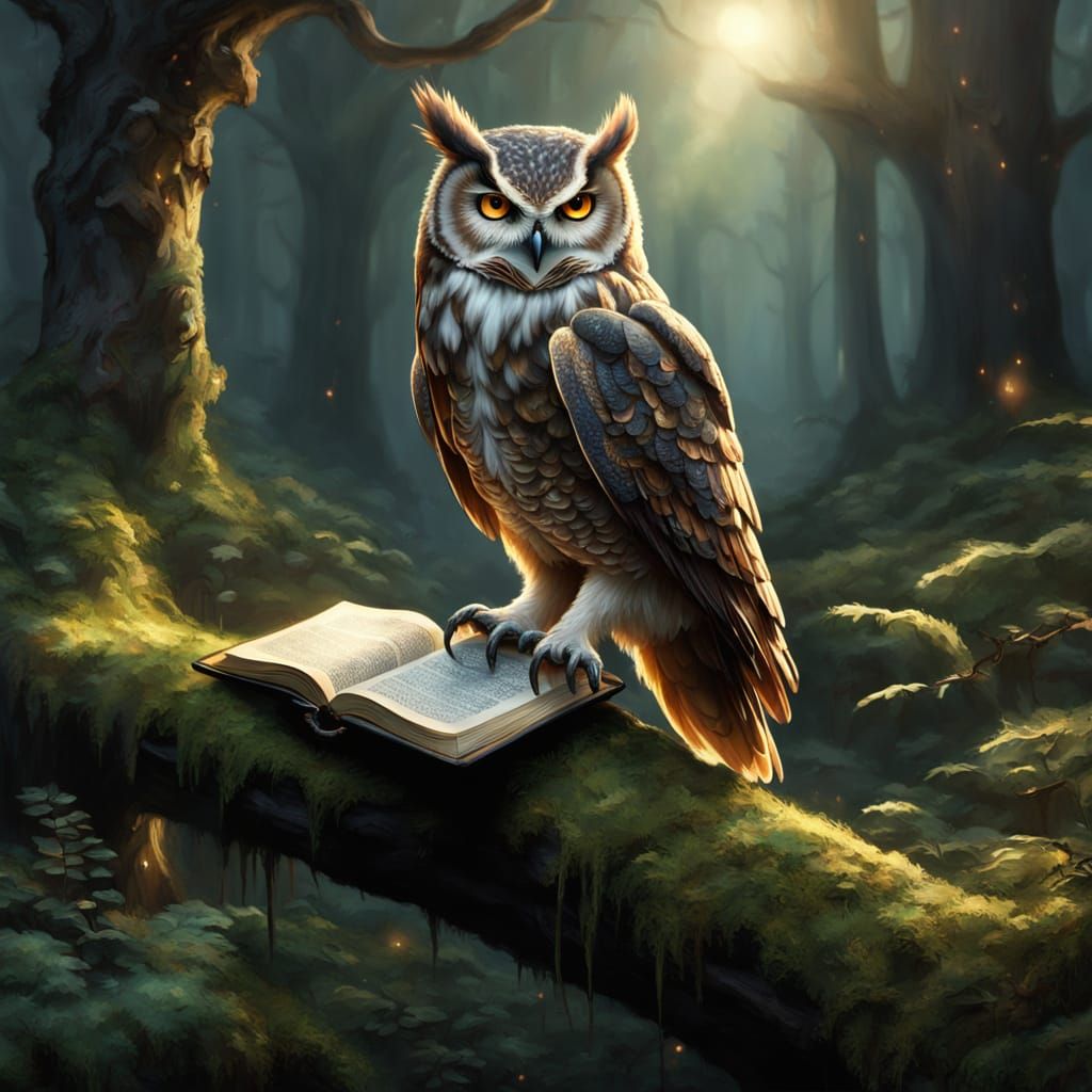 Wise Owl with Glowing Eyes Reading Book in Enchanted Forest