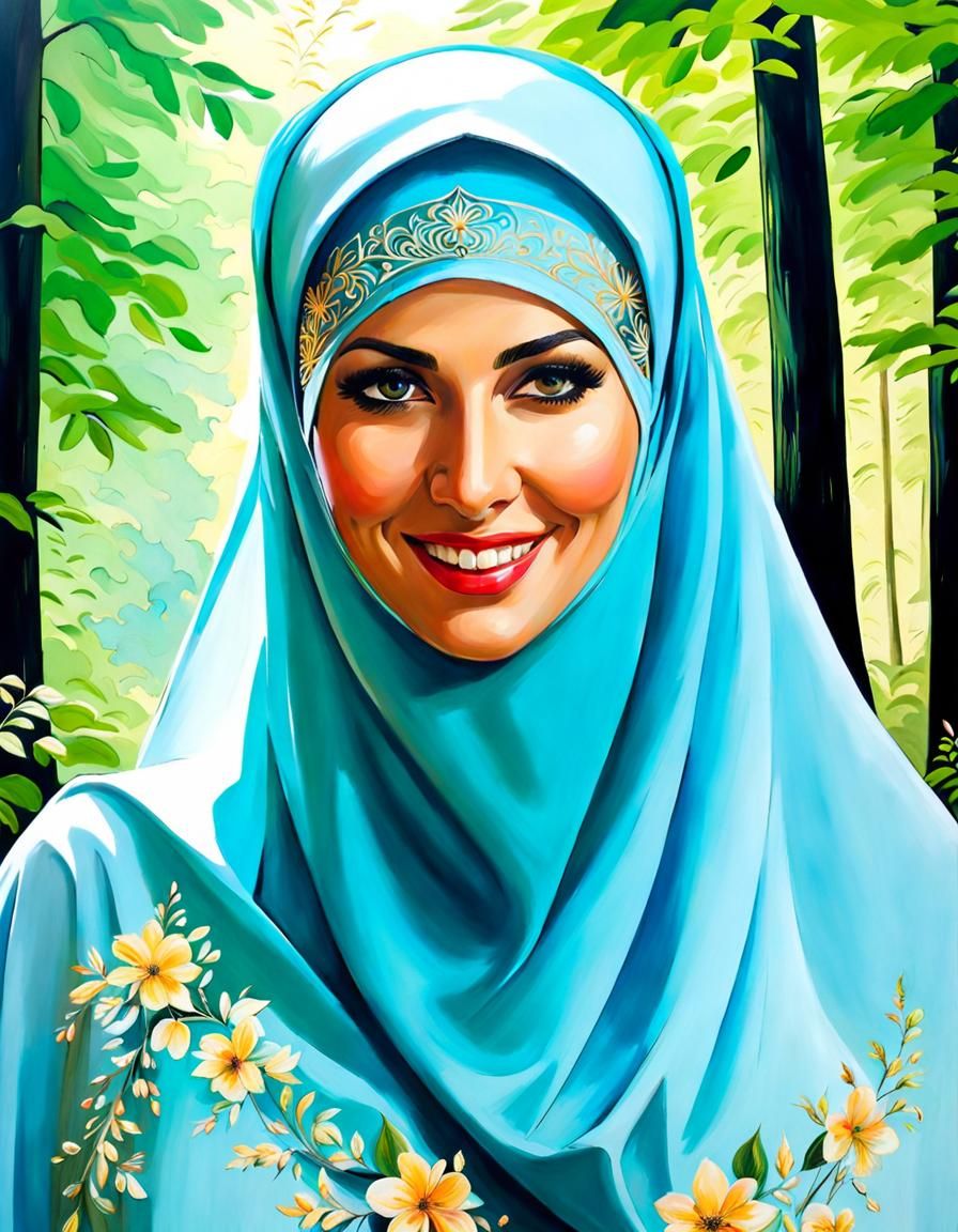 Enticing Woman in Niqab in Mountain Forest as Oil Painting