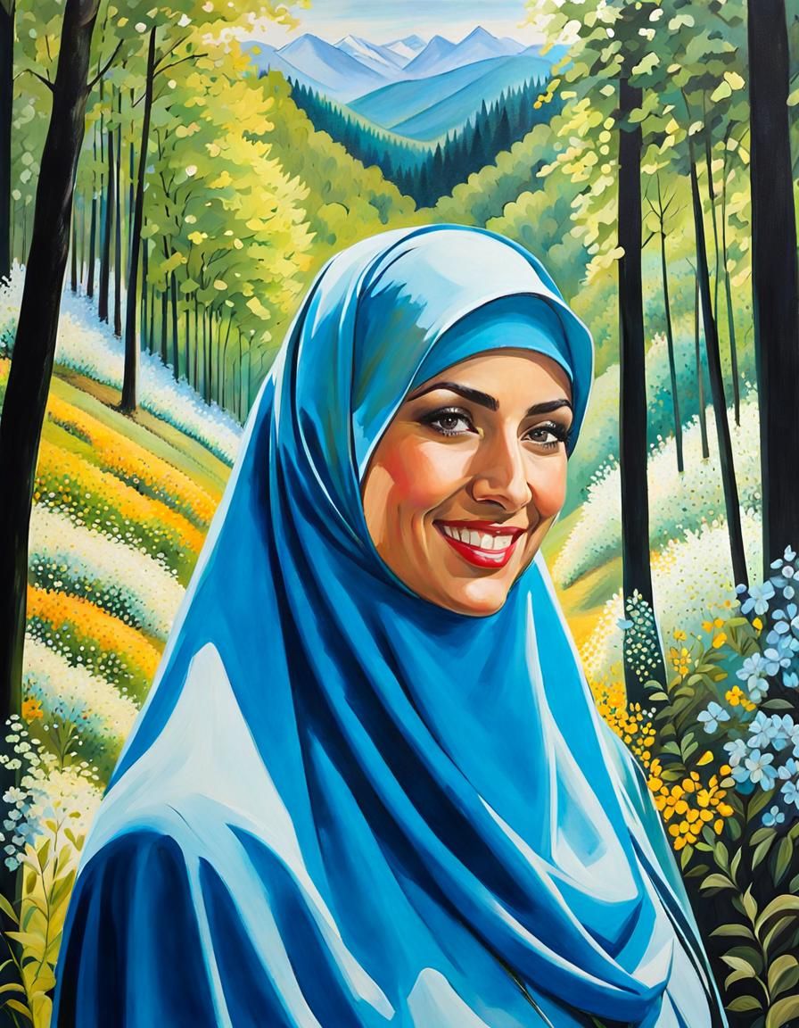Enticing Niqabi Woman in Mountain Forest, Oil Gouache