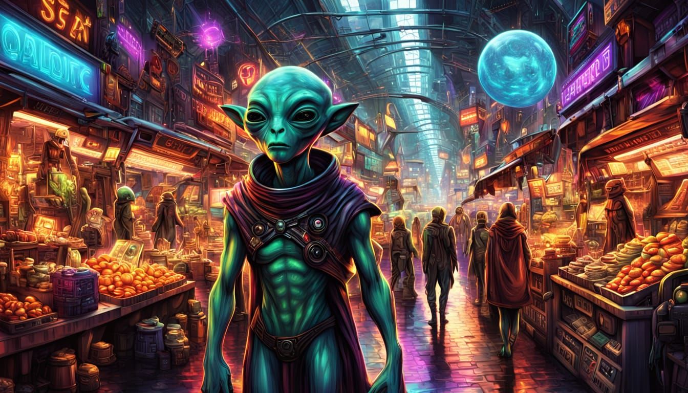 Klingonian Alien at Galactic Market: Vibrant Digital Art
