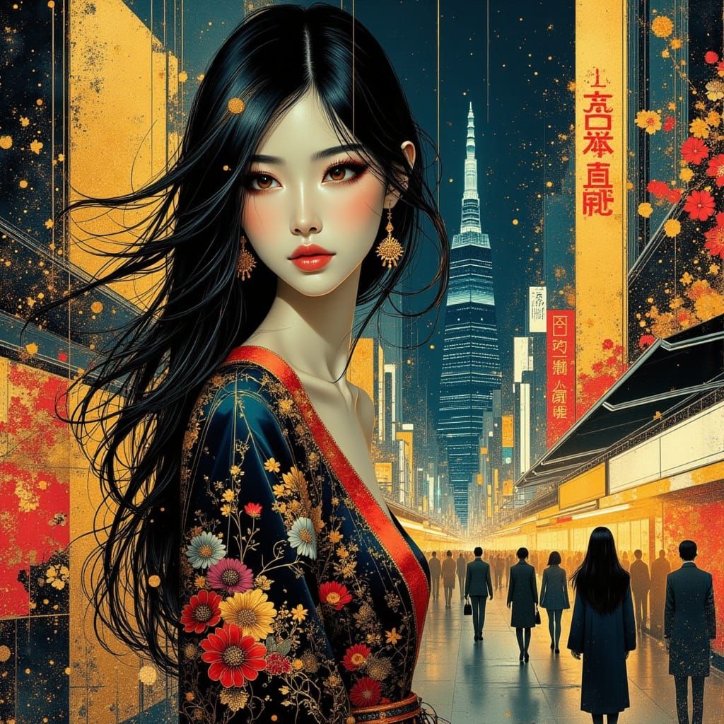 Asian Woman in Floral Attire on Neon Tokyo Street