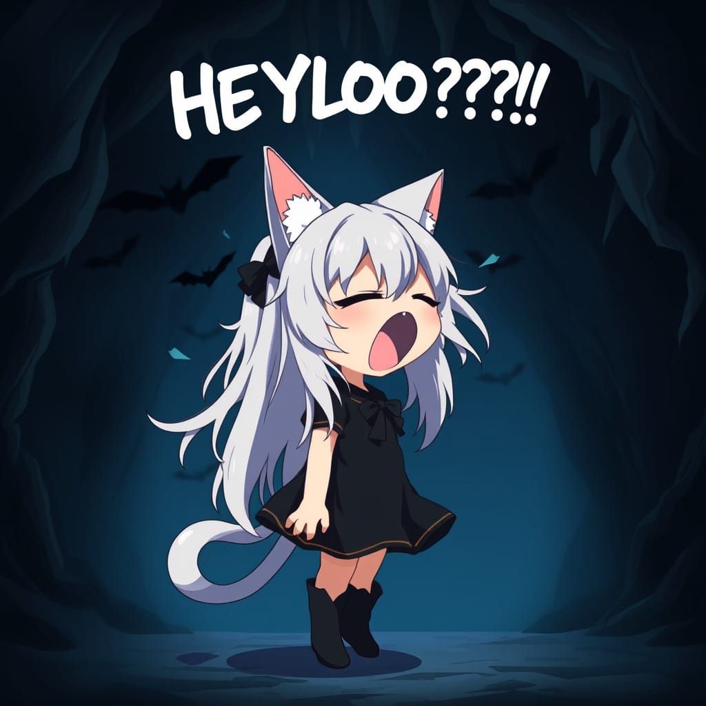 Anime Catgirl Shouts in Dark Cave, Moody Lighting