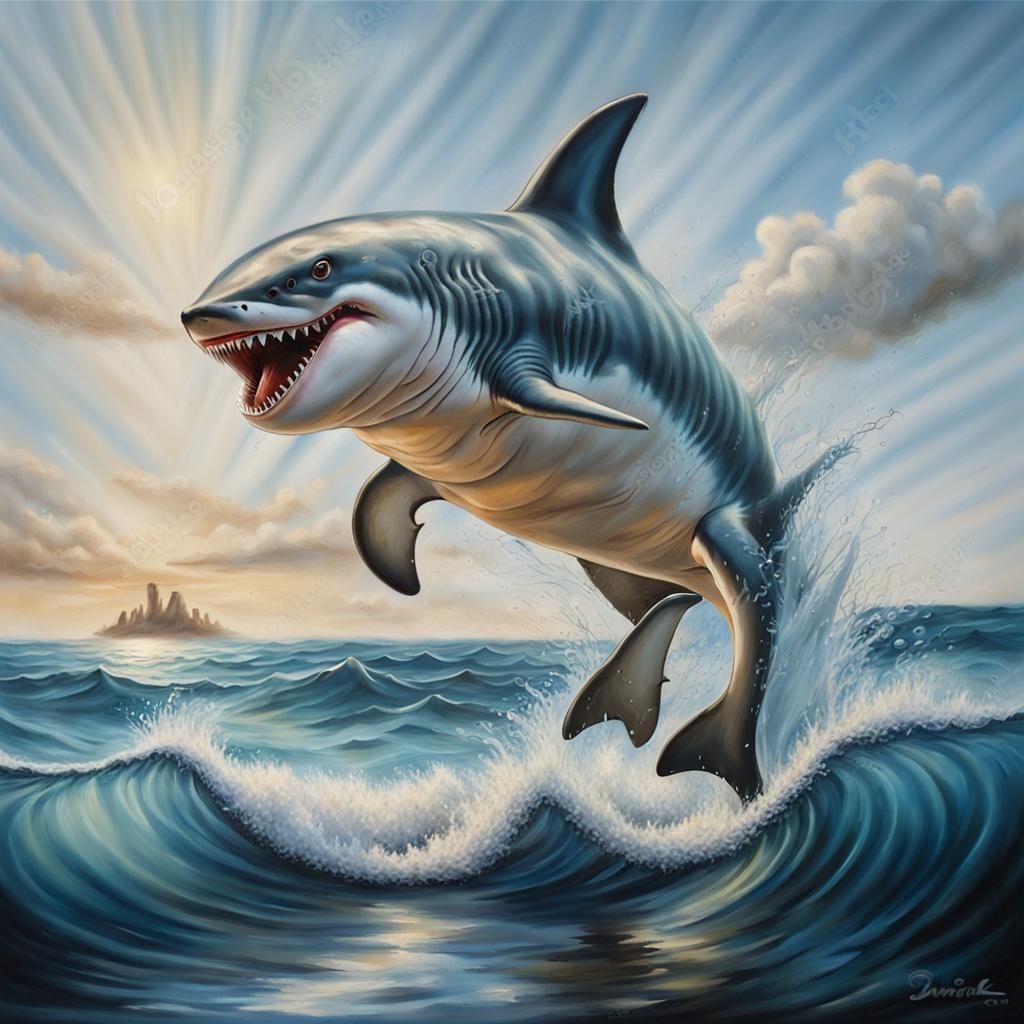 Shark Leaps from Sea: Airbrush Oil Painting