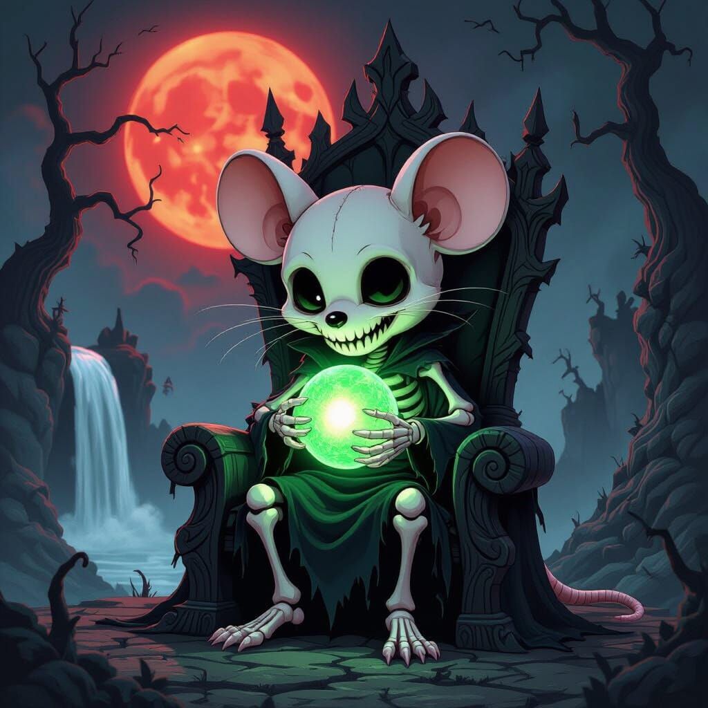 Skeletal Chibi Mouse with Glowing Orb on Throne