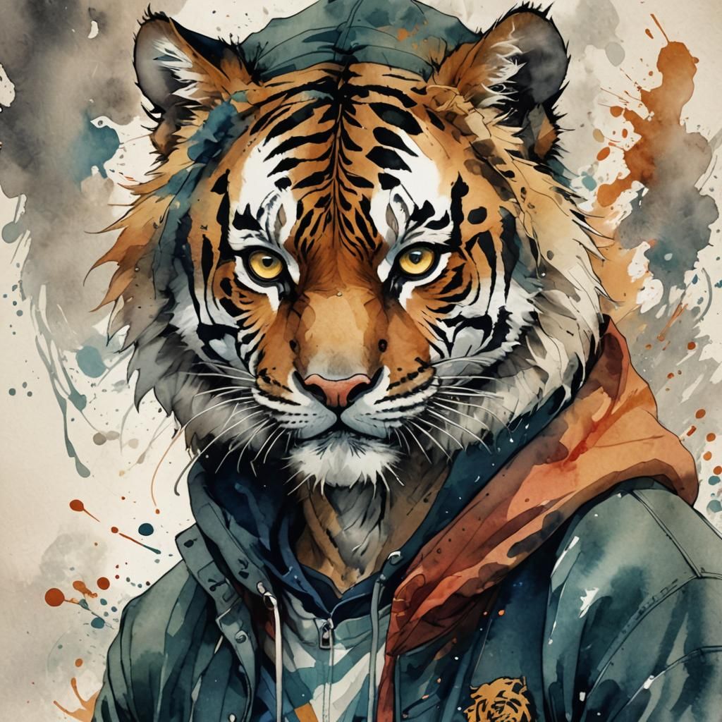 Anime Tiger Portrait in Watercolor Style