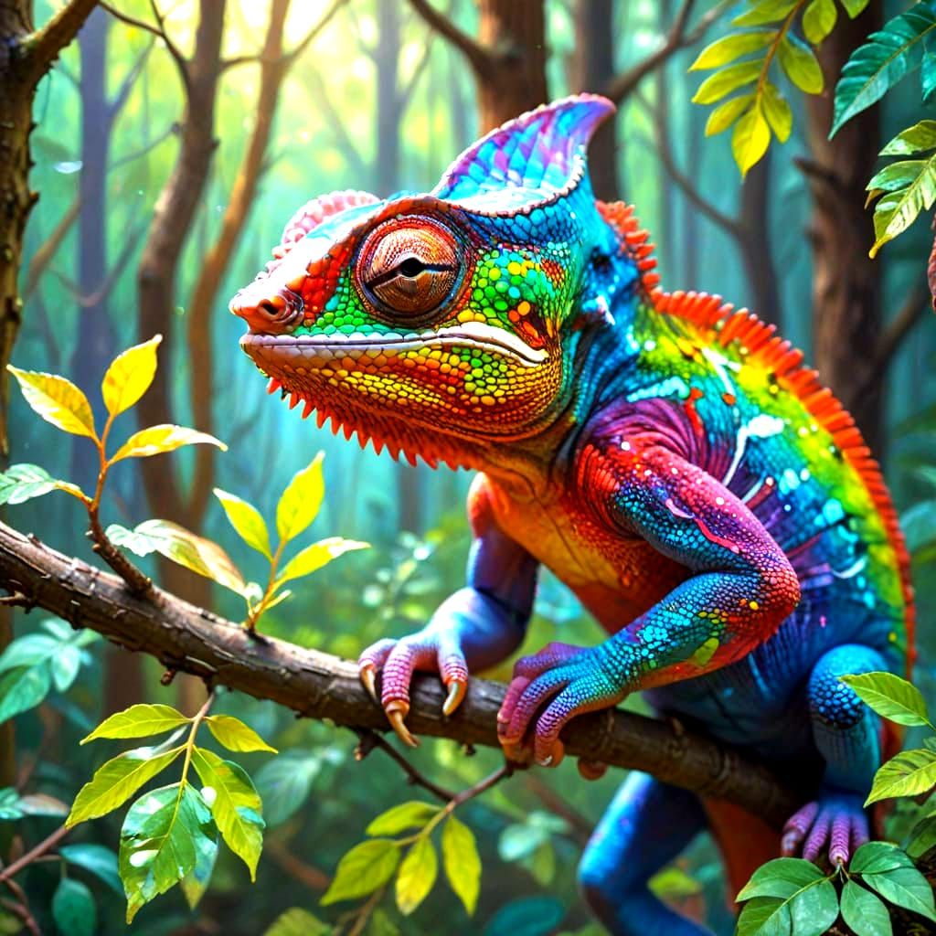 Vibrant Rainbow Chameleon Perched on Twig in Forest