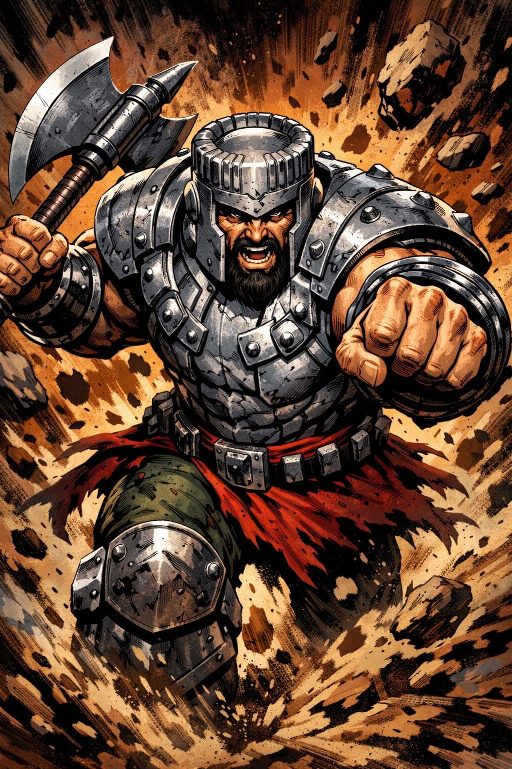 Ram-Man Charges with Battle Axe in Comic Style