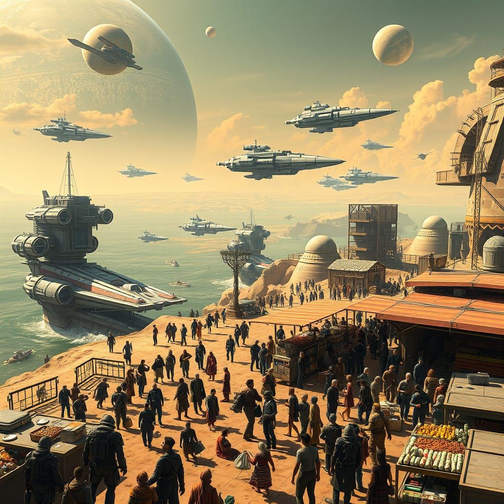 Bustling Alien Spaceport with Vibrant Market