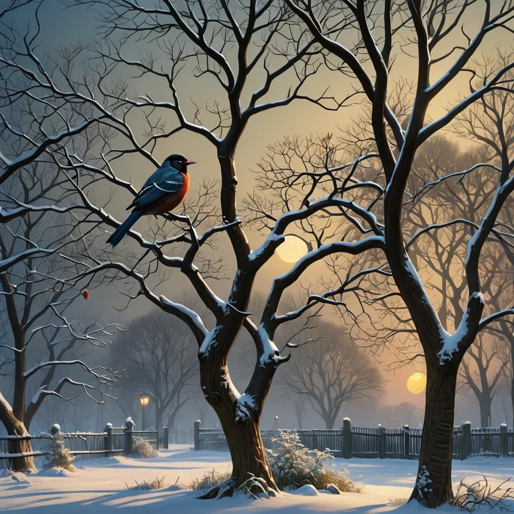 Winter Tree Bird: Detailed Matte Painting