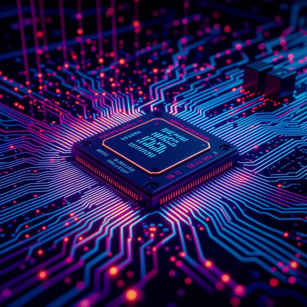 Glowing IBM PC Motherboard Circuitry with Bouncing Electrons