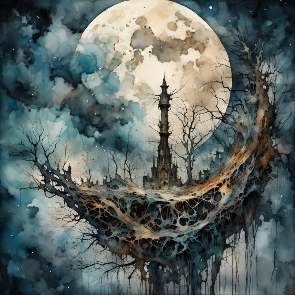 Cogwheel Moon Dreams in Watercolor Style