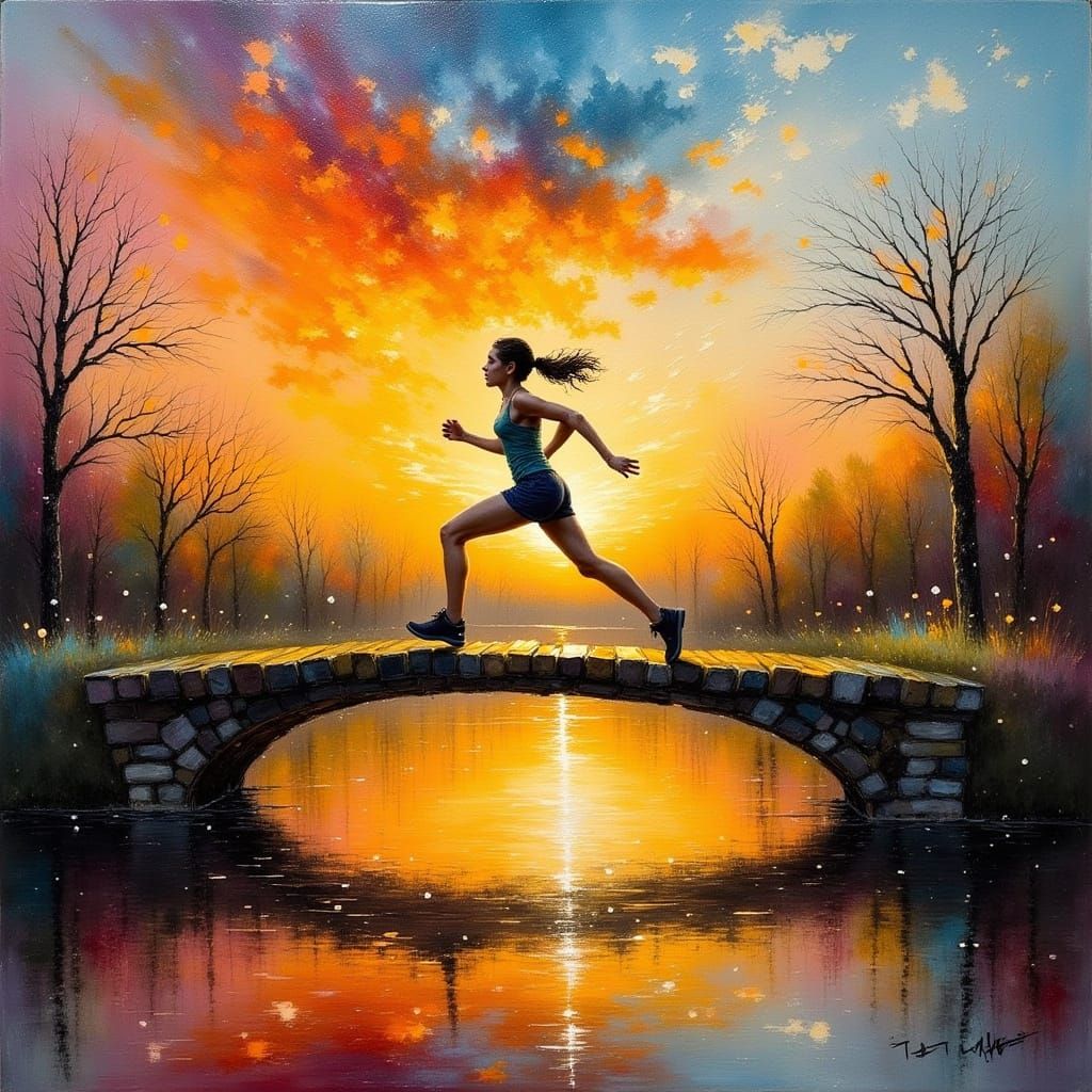 Ethereal Post-Impressionist Painting of Athlete on Bridge at...