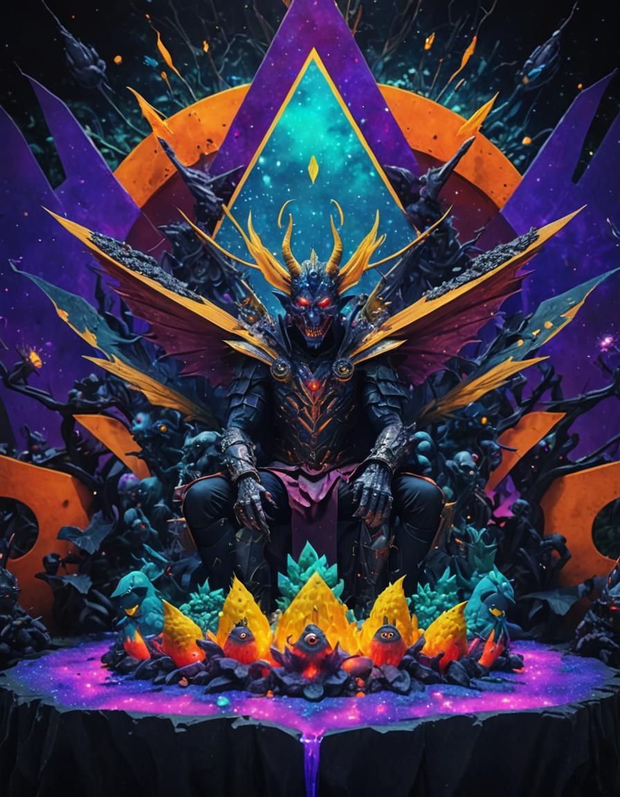 Enigmatic Demon King on Cosmic Altar, Digital Matte Painting