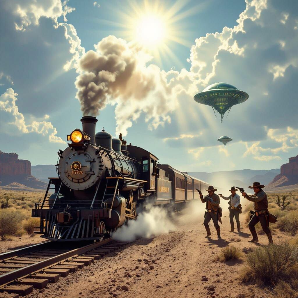 Wild West Train Robbery: Cowboys and Aliens in Divine Light
