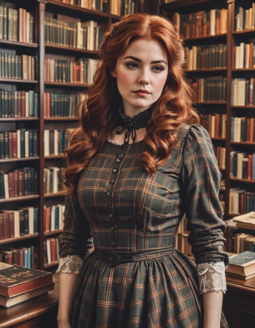 Victorian Woman in Bookstore Portrait