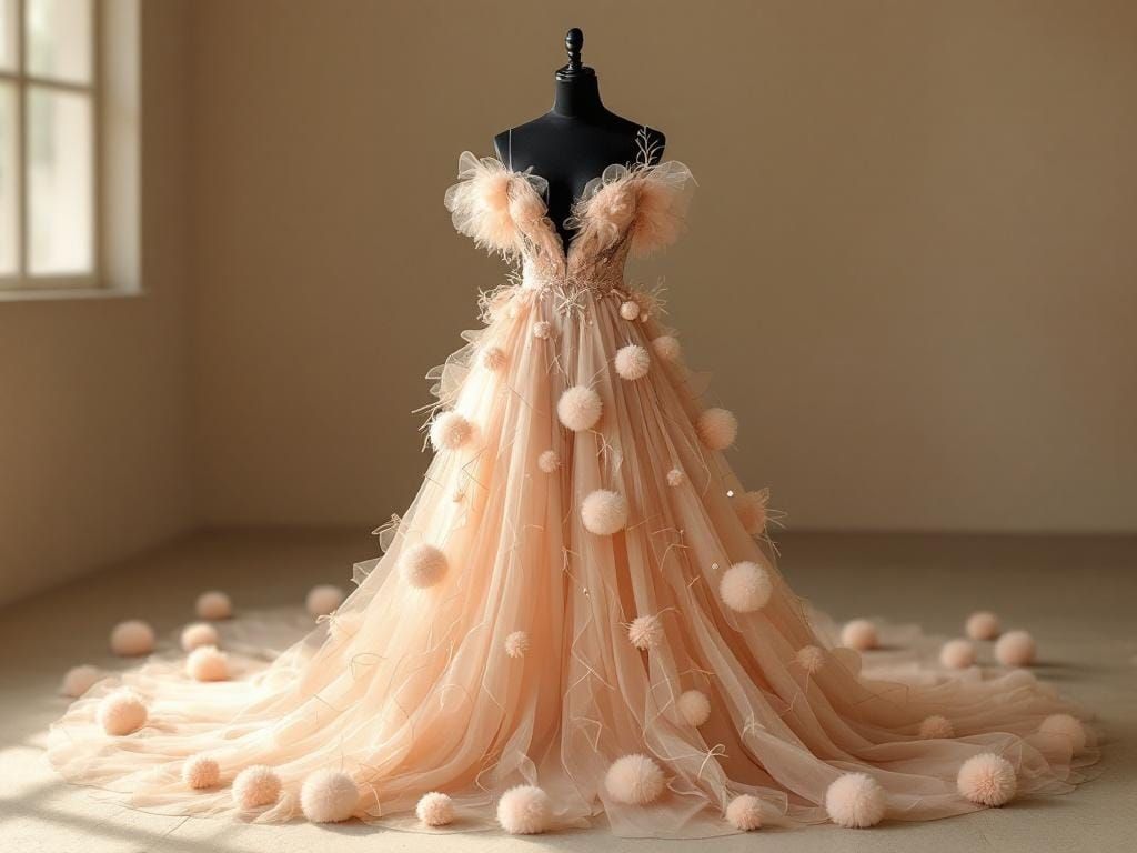 Peach and Sage Tulle Gown on Black Mannequin