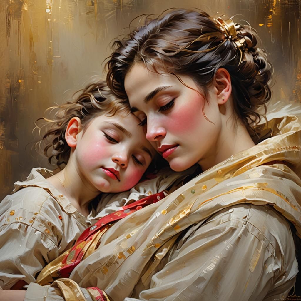 Mother and Child in Warm Embrace: Romantic Realism Oil Paint...
