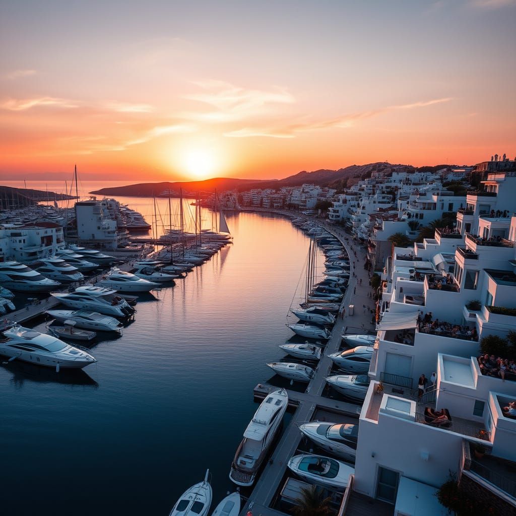 Ibiza Marina Sunset: Hyperrealistic Drone View
