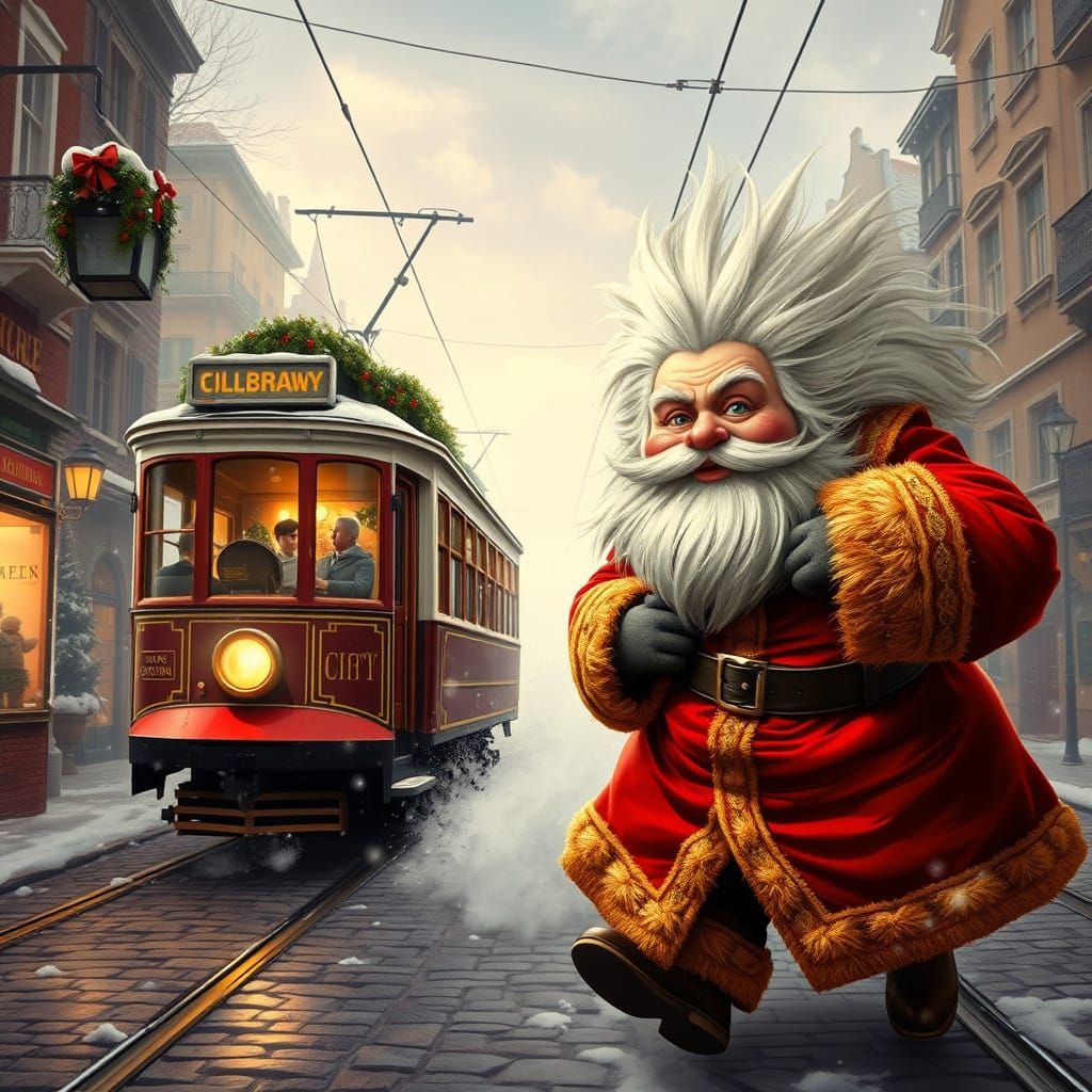 Tramway Meets Jovial Santa in Whimsical Holiday Collision